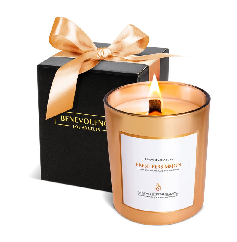 Benevolence LA Fresh Persimmon Wood Wick Candles  Soy Scented Candles for Home  Gifts for Women and Men  Home Fragrance  Aromatherapy  Shelf Decor Bathroom Freshener  8oz 45 Hour Burn