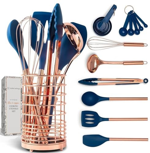 Copper and Blue Silicone Cooking Utensils Set  17Piece Set with Copper Utensil Holder and Measuring Cups and Spoons for Stylish Cooking and Baking  Blue Kitchen Decor Unique Kitchen Gifts