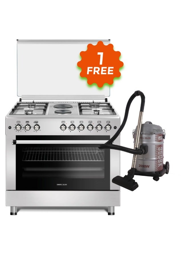 General Goldin 90x60cm 4 Gaz & 2 Electric Burners Ranger, Iron Cast Stand, Auto Burner, Total Safety, Easy to Clean Surface, Oven Grill & fan With General Goldin 21 Lt 1800 W Vacuum Drum Cleaner. Silver - Image 1
