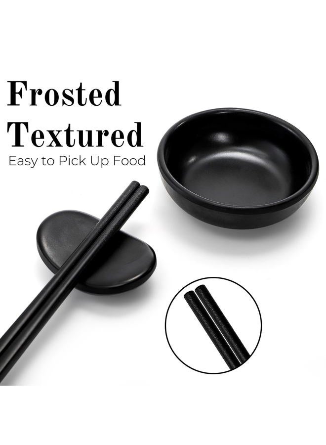 ELFULLY 16 Pcs Sushi Plate Set, Melamine Sushi Serving Set for 4, Japanese Dinnerware Sets with 4 Sushi Trays, 4 Soy Sauce Bowls 4 Pairs of Chopsticks and Holders, Wedding Housewarming Gift, Black - Image 5