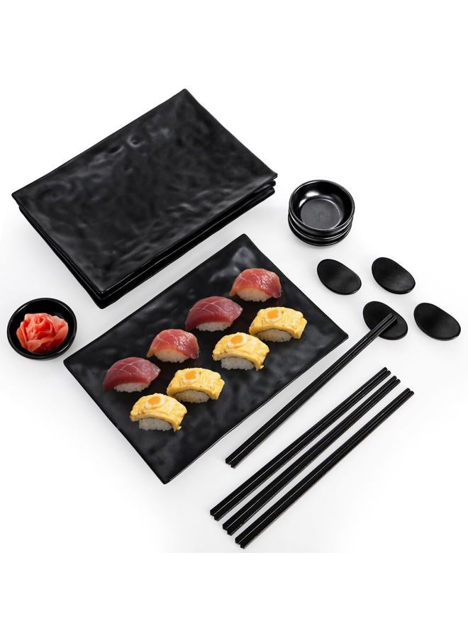 ELFULLY 16 Pcs Sushi Plate Set, Melamine Sushi Serving Set for 4, Japanese Dinnerware Sets with 4 Sushi Trays, 4 Soy Sauce Bowls 4 Pairs of Chopsticks and Holders, Wedding Housewarming Gift, Black - Image 3