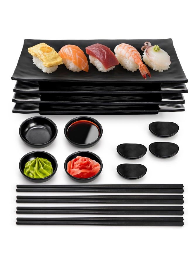 ELFULLY 16 Pcs Sushi Plate Set, Melamine Sushi Serving Set for 4, Japanese Dinnerware Sets with 4 Sushi Trays, 4 Soy Sauce Bowls 4 Pairs of Chopsticks and Holders, Wedding Housewarming Gift, Black - Image 1