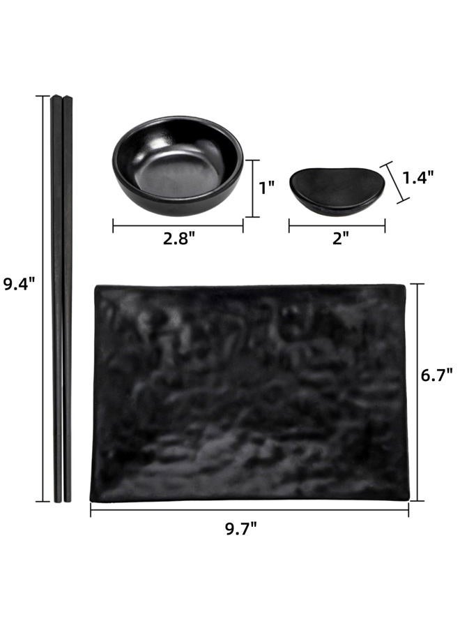ELFULLY 16 Pcs Sushi Plate Set, Melamine Sushi Serving Set for 4, Japanese Dinnerware Sets with 4 Sushi Trays, 4 Soy Sauce Bowls 4 Pairs of Chopsticks and Holders, Wedding Housewarming Gift, Black - Image 2
