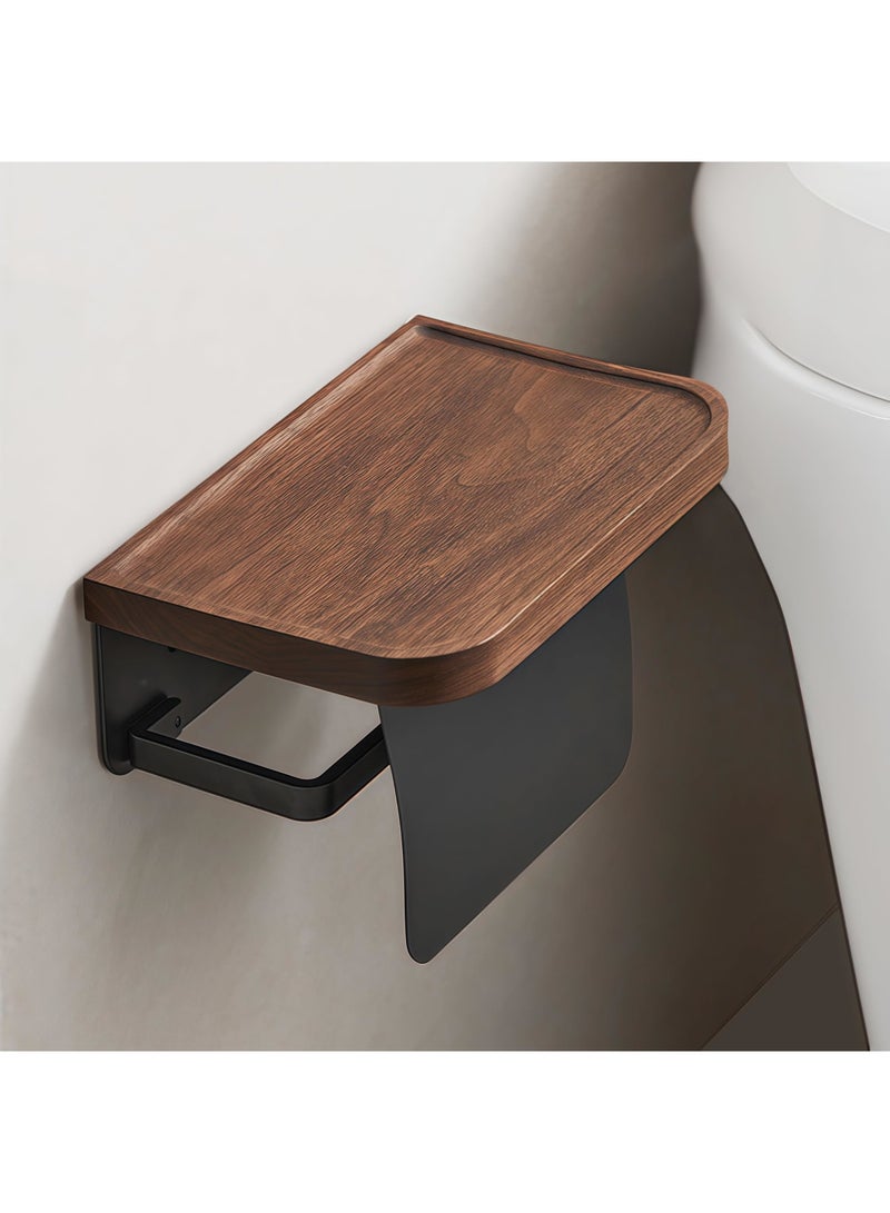 Barakah Toilet Paper Holder with Shelf – Walnut Wood Wall Mount Toilet Tissue Roll Holder, Black Stainless Steel Bathroom Storage Accessories, Rustic Farmhouse Decor - Image 2