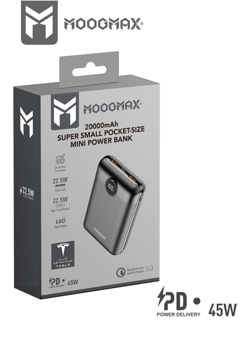 MOOGMAX - 20000mAh 45W super small pocket-size Mini power bank with 3 ports ,2 USB-A and 1 USB-C PD, supports fast charging , led digital display, and can be used on Airplane and train-black color from Moogmax - Image 1