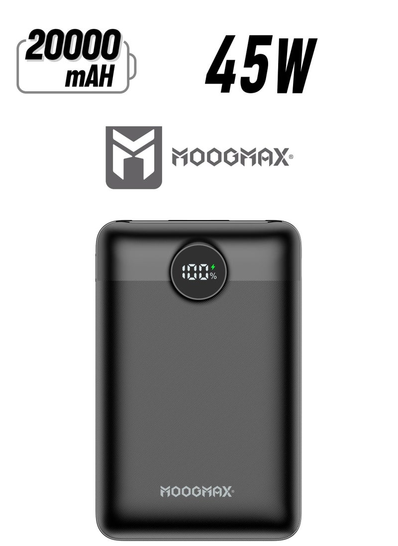 MOOGMAX - 20000mAh 45W super small pocket-size Mini power bank with 3 ports ,2 USB-A and 1 USB-C PD, supports fast charging , led digital display, and can be used on Airplane and train-black color from Moogmax - Image 1