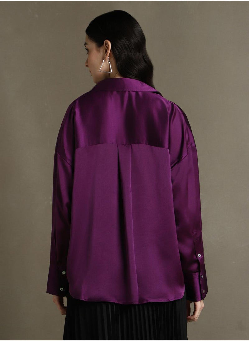 Dennis Lingo Purple Relaxed Fit Shirts Solid design crafted from Satin featuring Long Sleeves with Button closure.  - Image 3