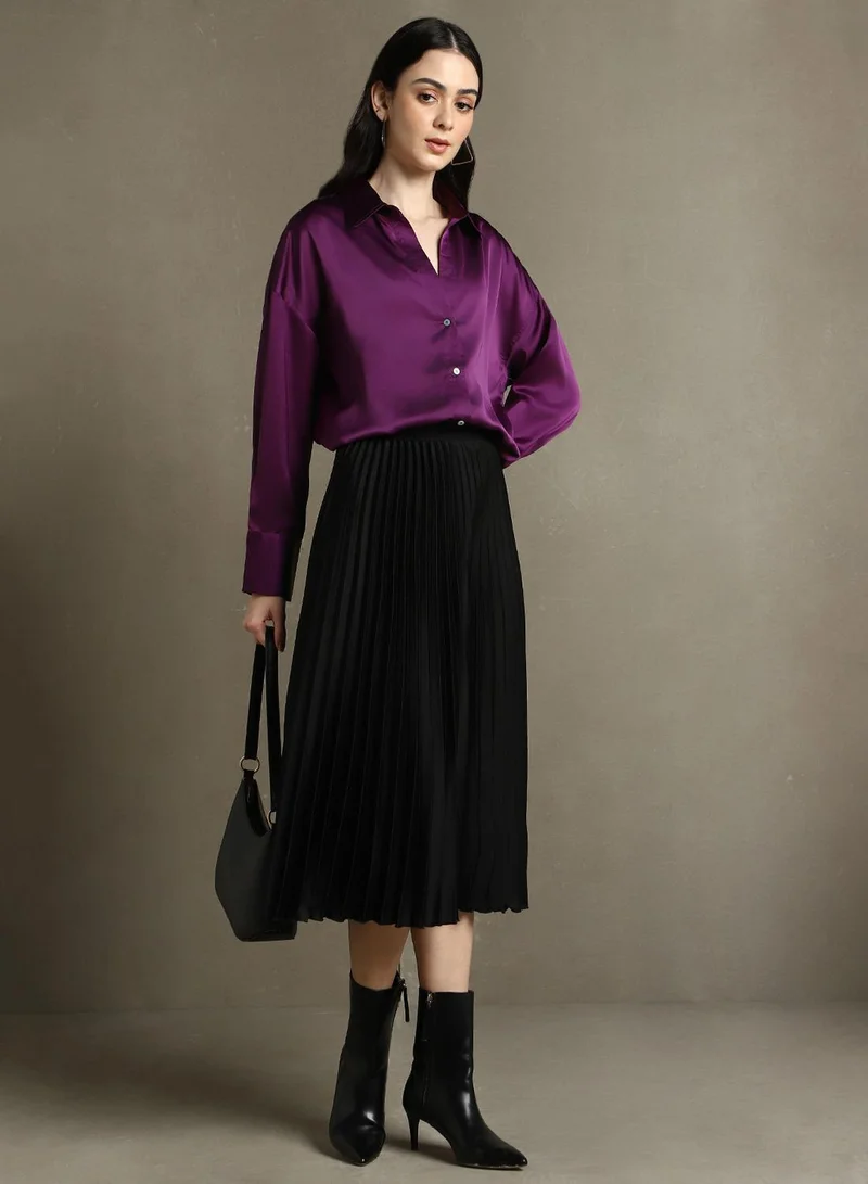 Dennis Lingo Purple Relaxed Fit Shirts Solid design crafted from Satin featuring Long Sleeves with Button closure.