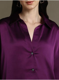 Dennis Lingo Purple Relaxed Fit Shirts Solid design crafted from Satin featuring Long Sleeves with Button closure.  - Image 4