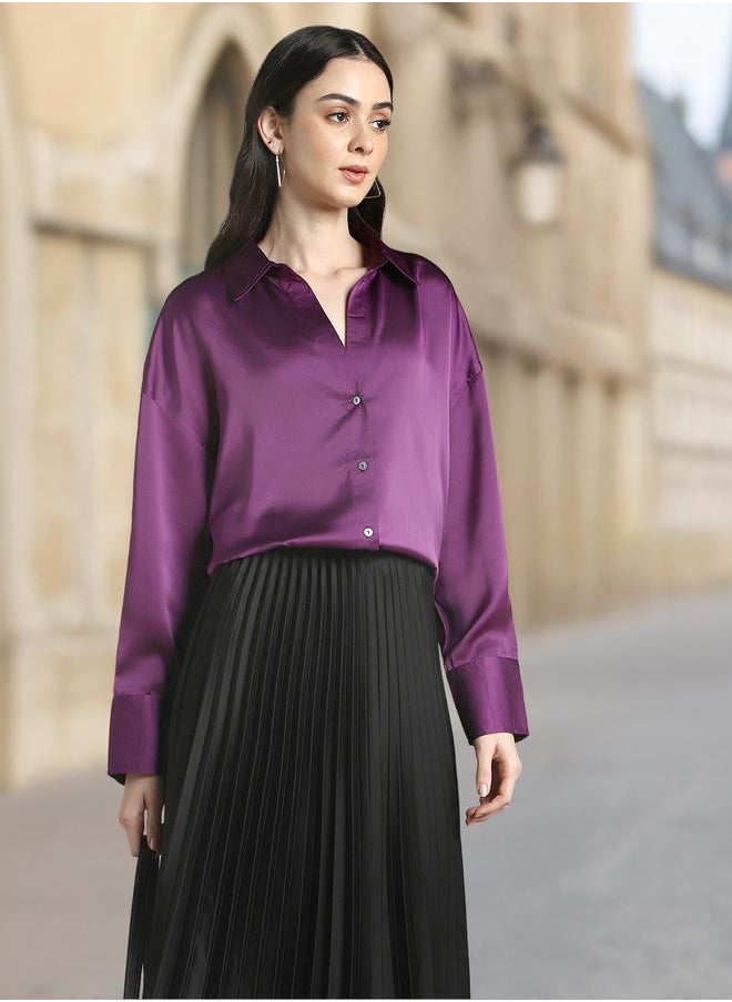 Dennis Lingo Purple Relaxed Fit Shirts Solid design crafted from Satin featuring Long Sleeves with Button closure.  - Image 1