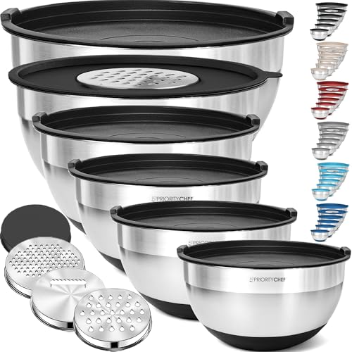 Priority Chef 6Pc Large Mixing Bowls With Lids Set with NonSlip Bases Stainless Steel Mixing Bowl Set 6 Airtight Lids and 3 Graters Black