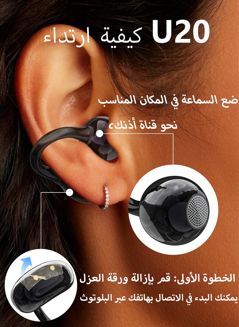 DUDAO U20 Open-Ear Clip-On Wireless Earbuds, Bluetooth 5.4, Lightweight 4.9g Comfortable Fit, 30H Battery Life, IP54 Water Resistant, Clear Calls for Daily Use – Black - Image 2