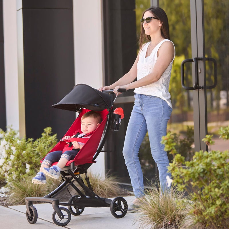 Evolur Roamer Ultra Lightweight Stroller, Compact One-Hand Self-Standing Fold Travel Stroller with 5-Point Safety Harness, Adjustable Sun Canopy, 360Â° Rotating Wheels with Cup Holder - Red - Image 2