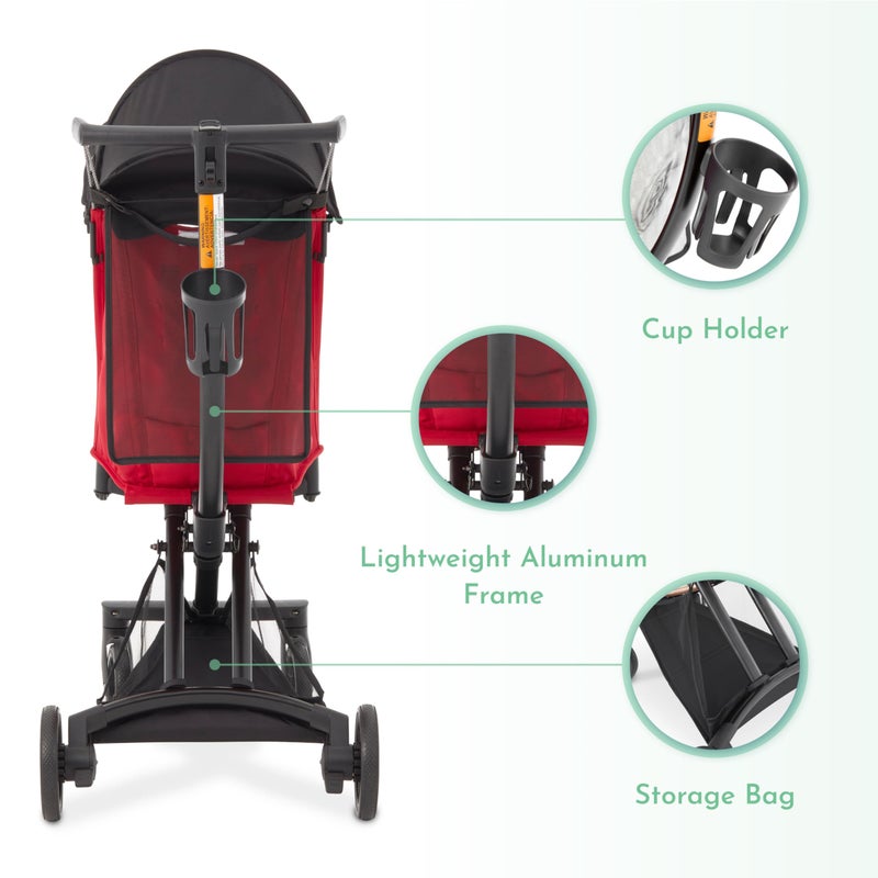 Evolur Roamer Ultra Lightweight Stroller, Compact One-Hand Self-Standing Fold Travel Stroller with 5-Point Safety Harness, Adjustable Sun Canopy, 360Â° Rotating Wheels with Cup Holder - Red - Image 5