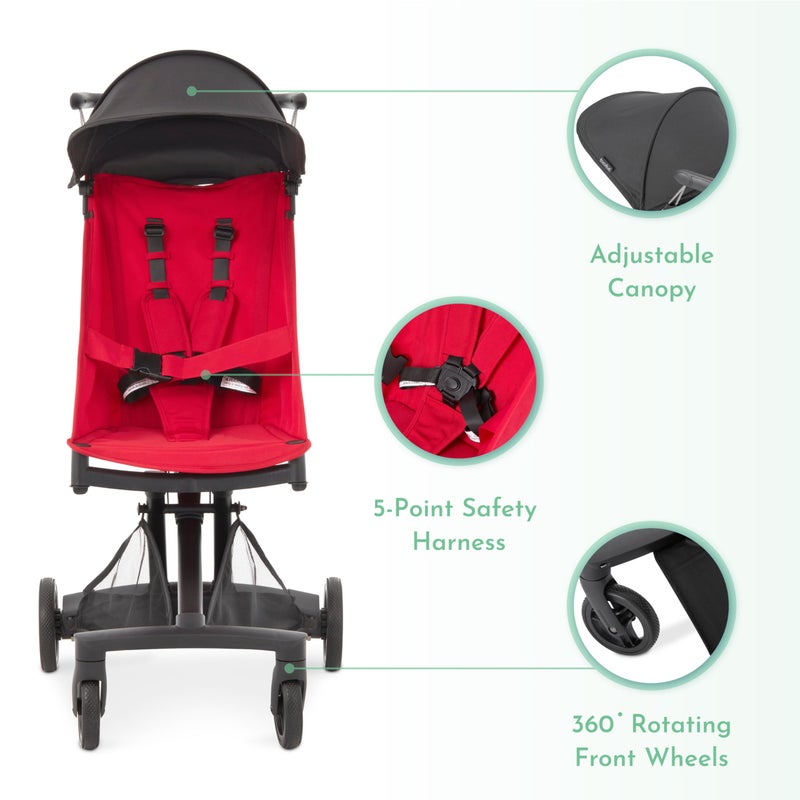 Evolur Roamer Ultra Lightweight Stroller, Compact One-Hand Self-Standing Fold Travel Stroller with 5-Point Safety Harness, Adjustable Sun Canopy, 360Â° Rotating Wheels with Cup Holder - Red - Image 4
