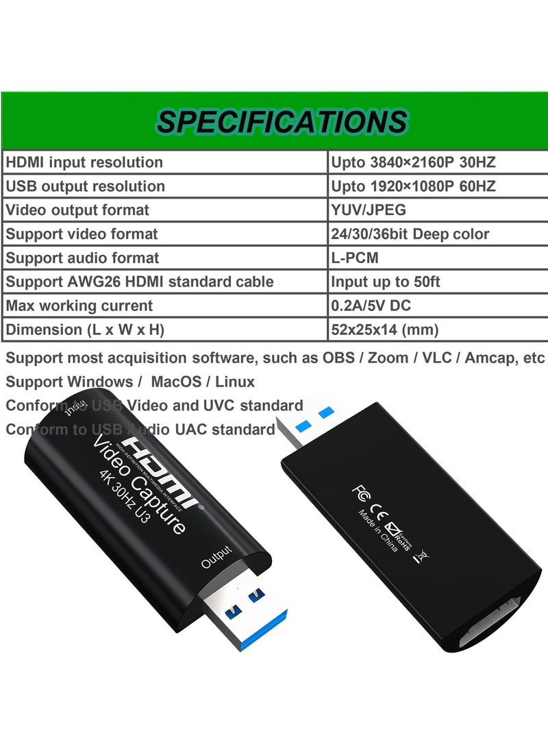 Generic - 4K Video Capture Card, HDMI to USB 3.0 1080P 60HZ Cam Link Game Capture Card Audio Capture Adapter Screen Record Device for Switch Gaming Streaming, Live Broadcasting - Image 1