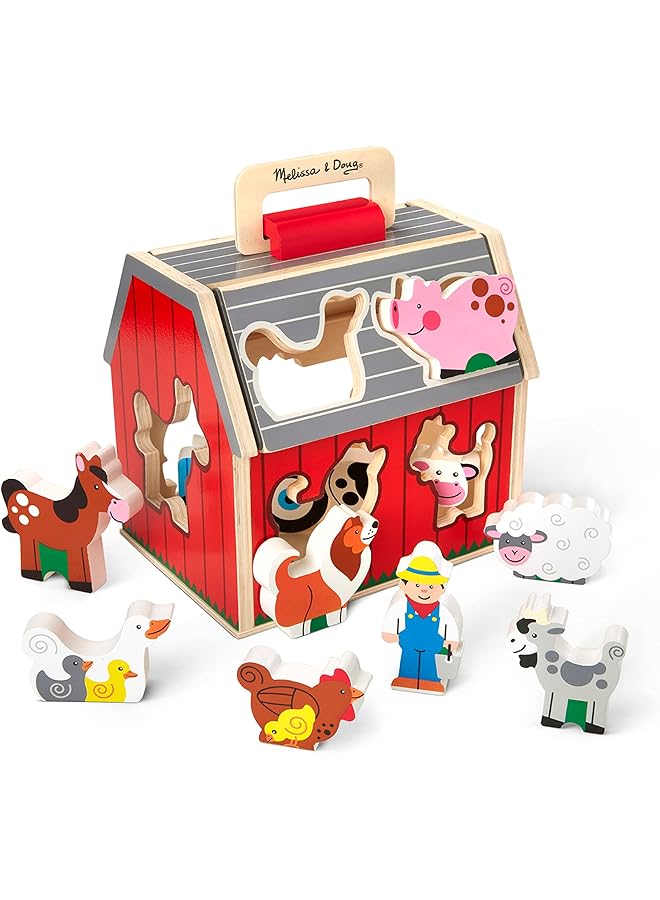 ميليسا آند دوج لعبة خشبية لفرز الحظيرة مع سقف قابل للطي ومقبض 10 قطع لعب خشبية للمزرعة متعددة - Image 1