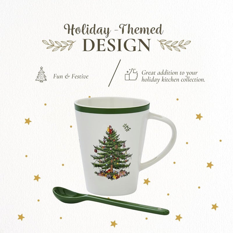 Spode طقم كوب ملعقة شجرة عيد الميلاد من سبود 14 أونصة كوب بورسلين للقهوة والشاي والحليب والكاكاو الساخن صندوق هدايا احتفالي آمن في غسالة الصحون والميكروويف تصميم مجموعة العطلات للهدايا شجرة عيد الميلاد - Image 3