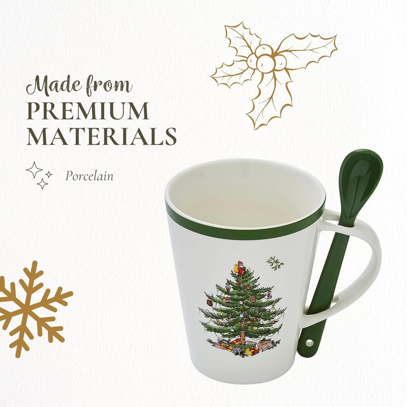 Spode طقم كوب ملعقة شجرة عيد الميلاد من سبود 14 أونصة كوب بورسلين للقهوة والشاي والحليب والكاكاو الساخن صندوق هدايا احتفالي آمن في غسالة الصحون والميكروويف تصميم مجموعة العطلات للهدايا شجرة عيد الميلاد - Image 4