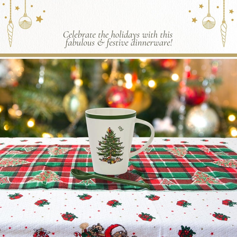 Spode طقم كوب ملعقة شجرة عيد الميلاد من سبود 14 أونصة كوب بورسلين للقهوة والشاي والحليب والكاكاو الساخن صندوق هدايا احتفالي آمن في غسالة الصحون والميكروويف تصميم مجموعة العطلات للهدايا شجرة عيد الميلاد - Image 5