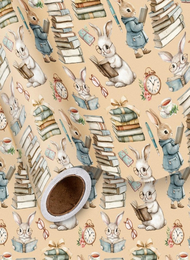 LeZakaa Rabbit Bookish Wrapping Paper, Vintage Sweet Bunny Reading Book Literary Gift Wrap for Spring Easter, for Kids Boys Girls Teachers, Book Lovers, Mini Roll 17 in x 16.4 Ft - Image 1