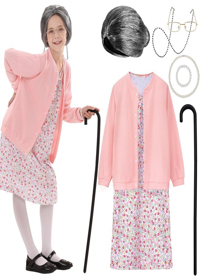 VICAMB Old Lady Costume for Kids,100 Days of School Costume for Girls Grandma Outfit Nightgown Wig & Accessories - Image 1
