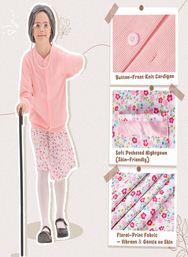 VICAMB Old Lady Costume for Kids,100 Days of School Costume for Girls Grandma Outfit Nightgown Wig & Accessories - Image 2
