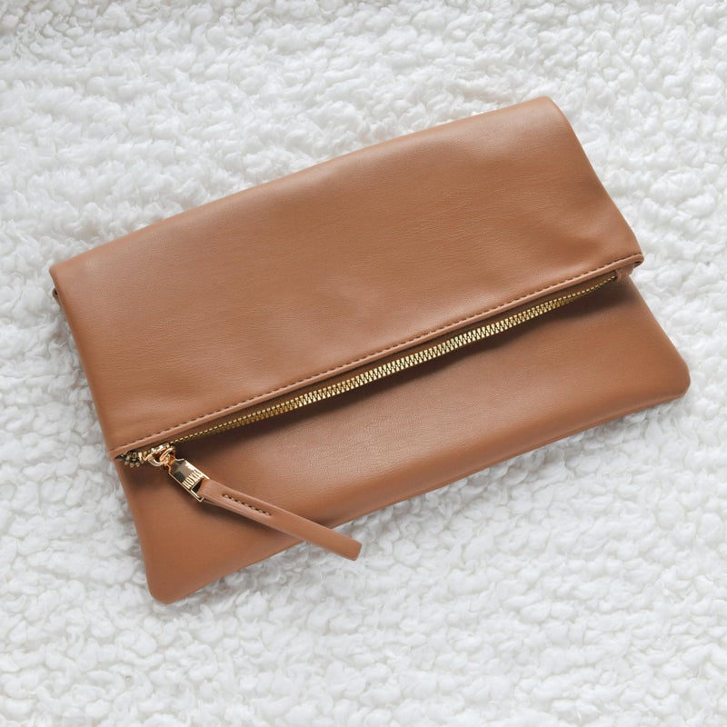 Hoxis Women's Zipper Foldover Clutch Vegan Leather Envelope Cross body Bag with Chain Strap (Brown) - Image 3