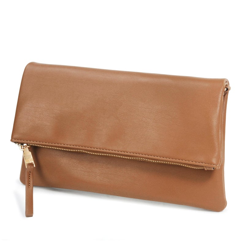Hoxis Women's Zipper Foldover Clutch Vegan Leather Envelope Cross body Bag with Chain Strap (Brown) - Image 1
