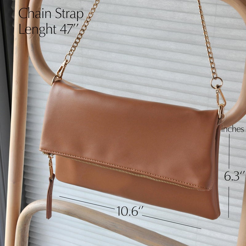 Hoxis Women's Zipper Foldover Clutch Vegan Leather Envelope Cross body Bag with Chain Strap (Brown) - Image 4