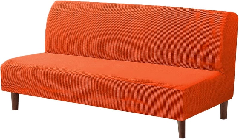 Armless Futon Stretch Sofa Slipcover, Checkered Fleece Sofa-Bed Covers, Washable Furniture Protective Covers with Elastic Bottom, 185m-215m, (Brushed-Orange) 1pcs - Image 1