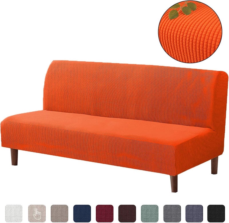 Armless Futon Stretch Sofa Slipcover, Checkered Fleece Sofa-Bed Covers, Washable Furniture Protective Covers with Elastic Bottom, 185m-215m, (Brushed-Orange) 1pcs - Image 2