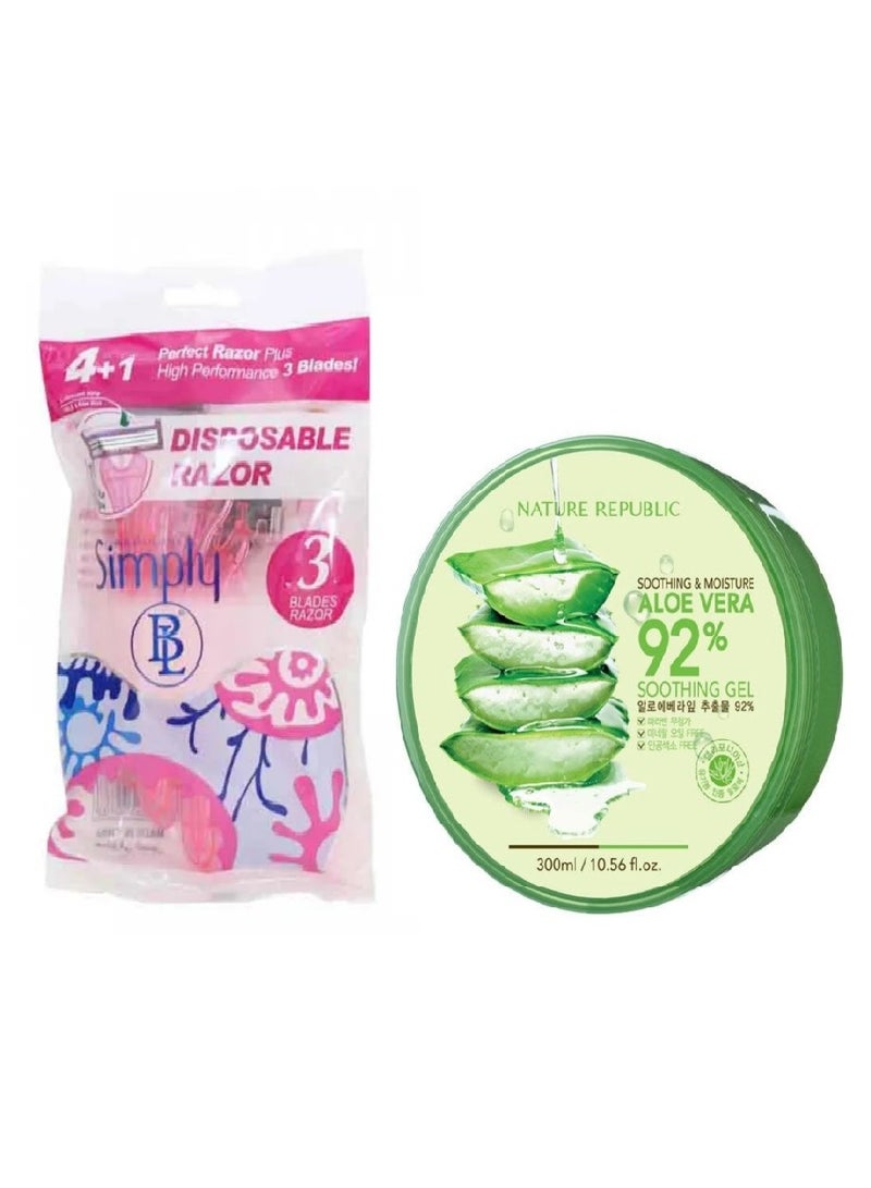 SIMPLY 4+1 Perfect Razor Plus High Performance 3 Blades +Nature Republic Soothing Aloe Vera 92% Gel - Image 1