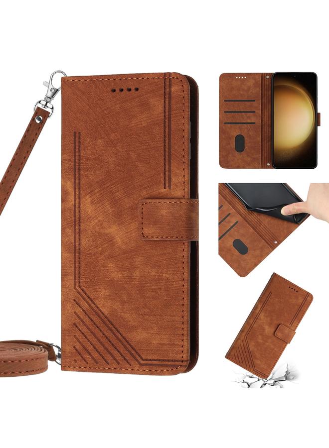 S-TOP Case For Samsung Galaxy S23 Ultra 5G Skin Feel Stripe Pattern Leather Phone Case with Lanyard - Image 1