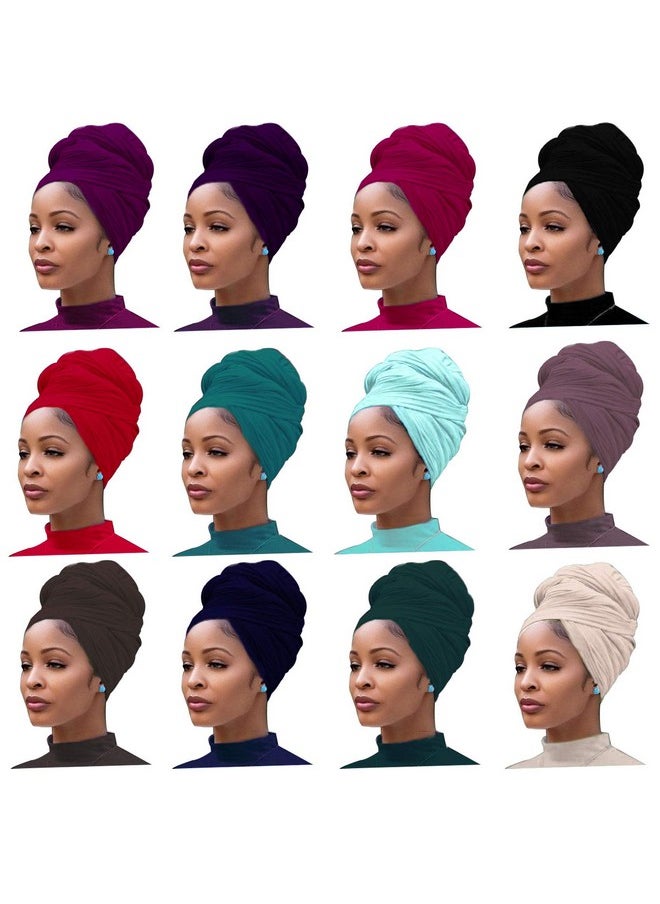 Messen 12 Pieces Head Wrap Scarf Stretch Jersey Turban Extra Long Ultra Soft Urban Headwraps For Women Solid Color African Headwear Headband Tie Wholesale Set02  - Image 1