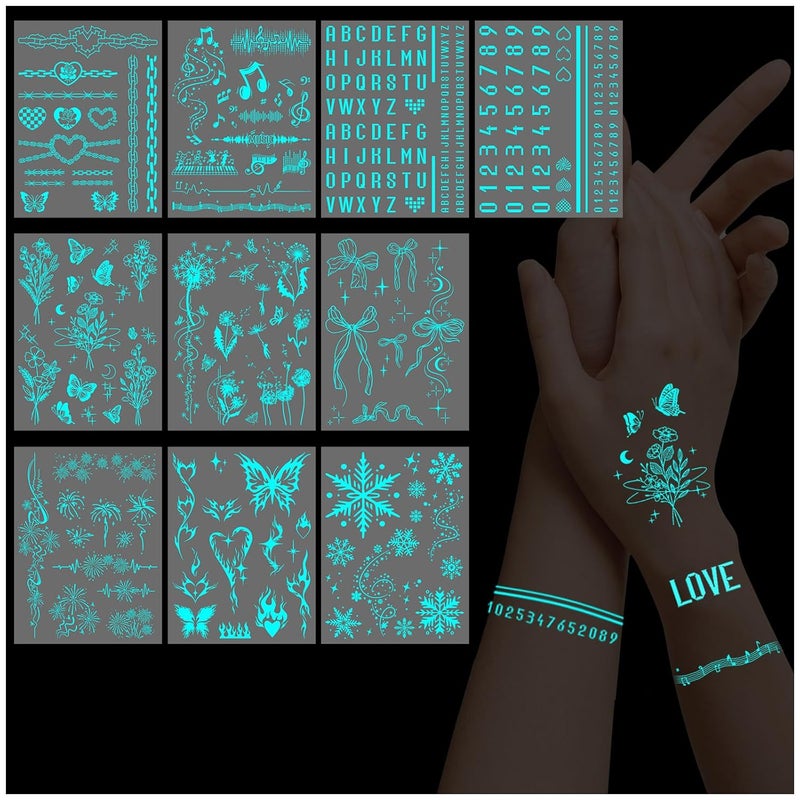 Konsait Glow in the Dark Temporary Tattoos  10 Sheets Blue Flower  Butterfly Designs Luminous For Women Girls  Kids - Image 1
