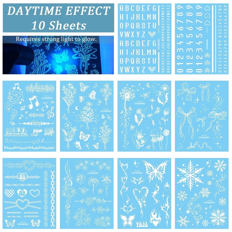 Konsait Glow in the Dark Temporary Tattoos  10 Sheets Blue Flower  Butterfly Designs Luminous For Women Girls  Kids - Image 3