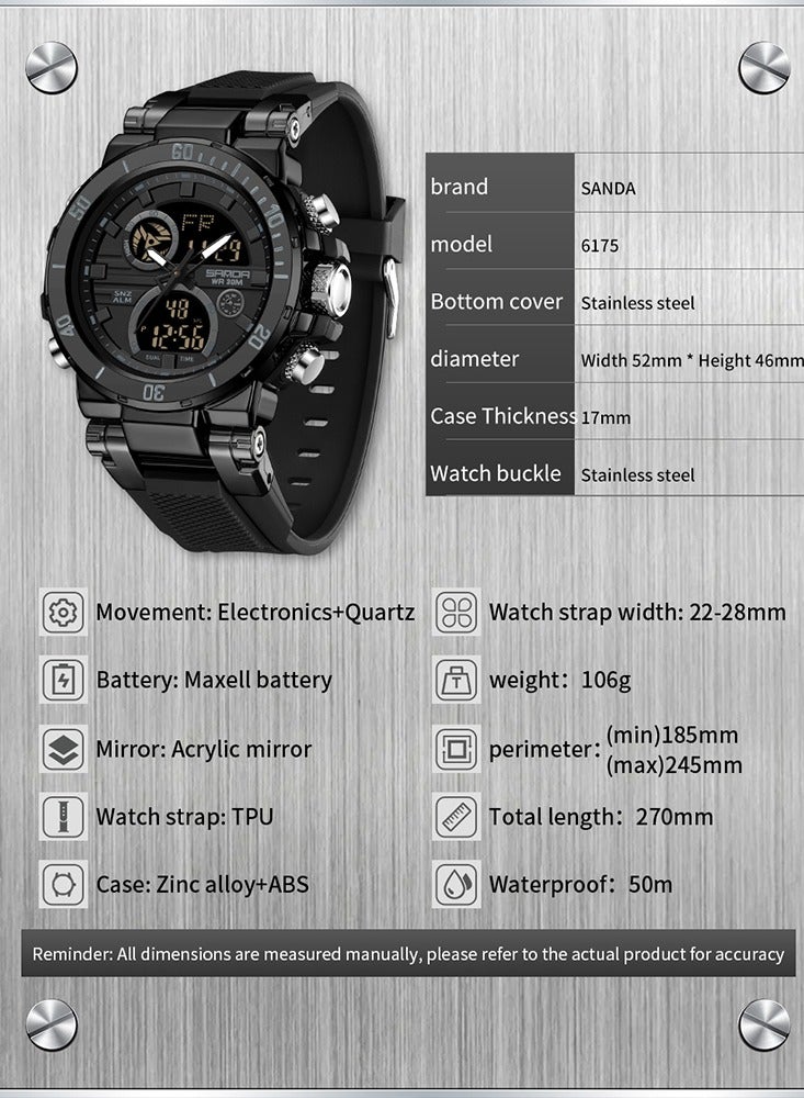 Sanda Fashion Brand Luxury 6175 New Men's Sports Multifunctional Electronic Watch LED Waterproof Dual Display Clock Men's Watch - Image 5