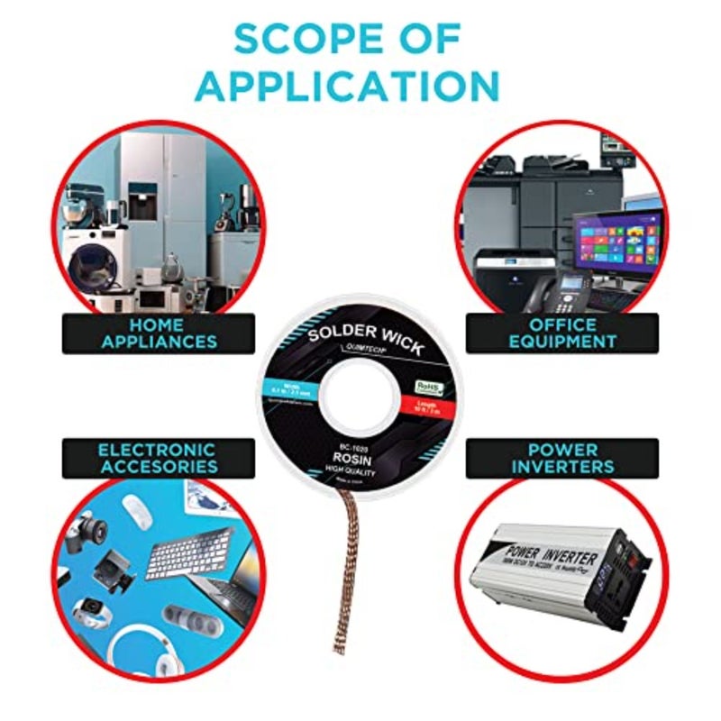 Desoldering wick for PCB and SMD electronics repair, copper braid with integrated flux, 2.5mm width, silver-gray, lead-free, 10ft length, high absorption efficiency - Image 5