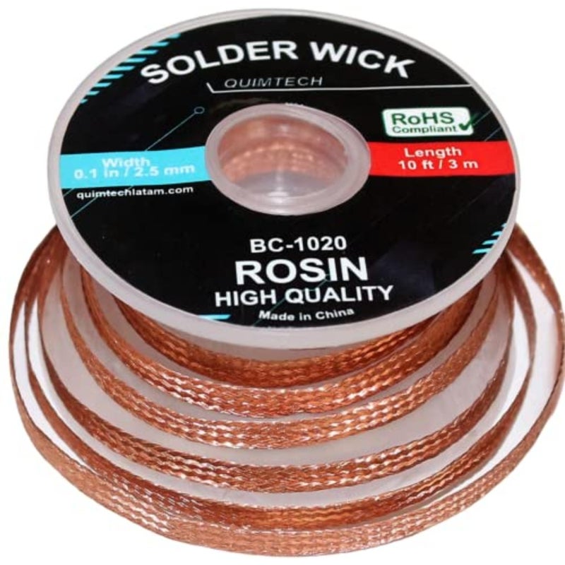 Desoldering wick for PCB and SMD electronics repair, copper braid with integrated flux, 2.5mm width, silver-gray, lead-free, 10ft length, high absorption efficiency - Image 1