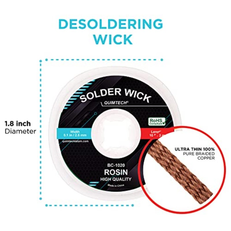 Desoldering wick for PCB and SMD electronics repair, copper braid with integrated flux, 2.5mm width, silver-gray, lead-free, 10ft length, high absorption efficiency - Image 3