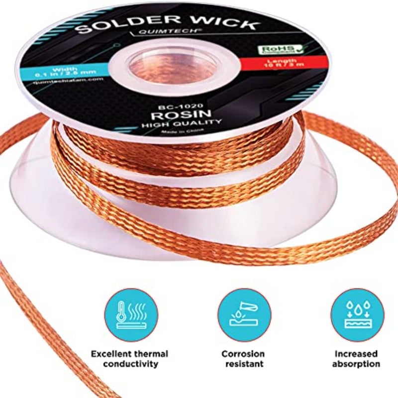 Desoldering wick for PCB and SMD electronics repair, copper braid with integrated flux, 2.5mm width, silver-gray, lead-free, 10ft length, high absorption efficiency - Image 4