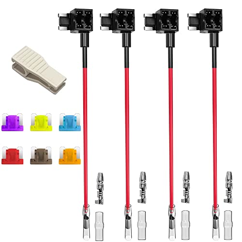 Gebildet 12V-24V Low Profile Add-a-Circuit Fuse Tap, Miniature Piggy Back Blade Fuse Holder with Wire Harness, 6 pcs Fuse (3A 5A 7.5A 10A 15A 20A) and Fuse Puller (Pack of 4) - Image 1