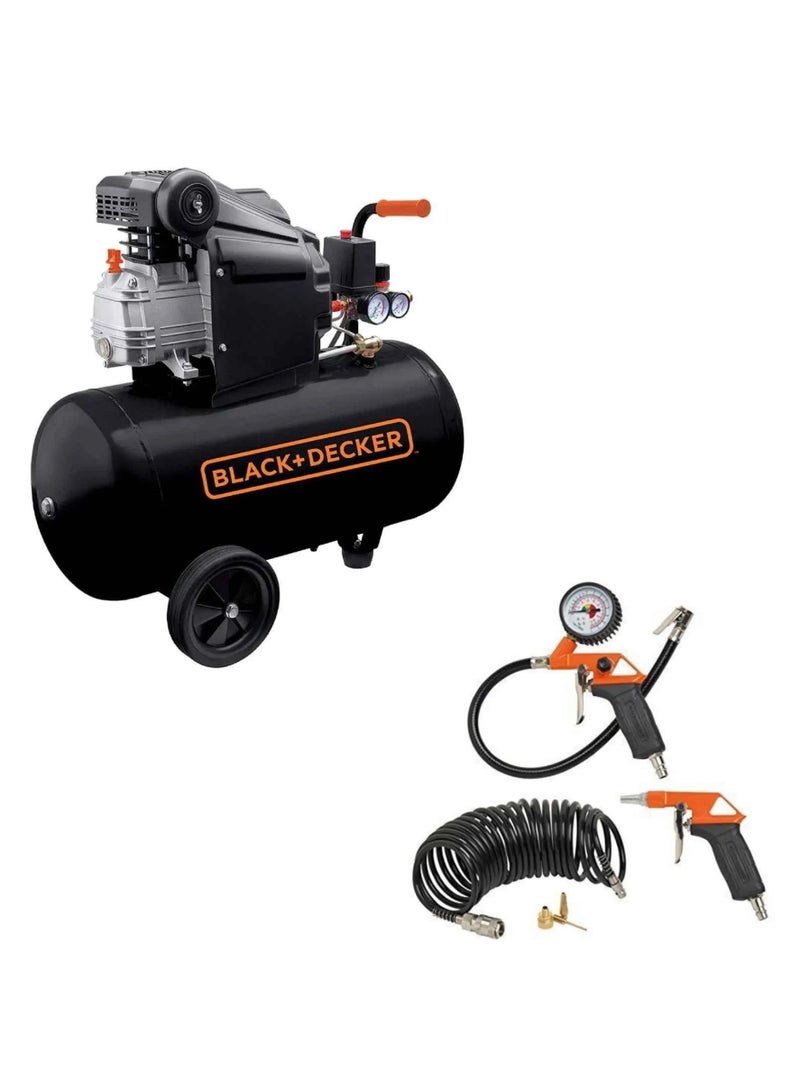 ضاغط هواء BLACK+DECKER بسعة 24 لتر ومحرك 2 حصان مع مجموعة أدوات هوائية 6 قطع