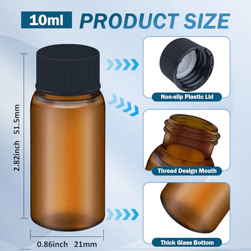LVDALAB 100Pcs 03Oz10ml Brown Glass Vials with Screw Cap Glass Sample Vial with PE Stopper LeakProof Small Glass Bottles Jars Containers Essential Oil Bottles for Storage Liquid Pills and Lab Use - Image 3