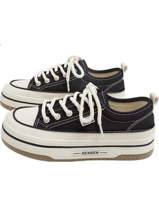 Humanity Women'S Spring And Summer Canvas Shoes Breathable Mesh Thick-Soled Height-Increasing Casual Shoes Black (Canvas Style) Size 37 - Image 2