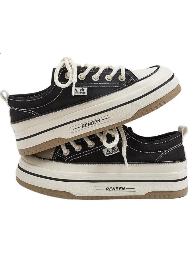 Humanity Women'S Spring And Summer Canvas Shoes Breathable Mesh Thick-Soled Height-Increasing Casual Shoes Black (Canvas Style) Size 37 - Image 1
