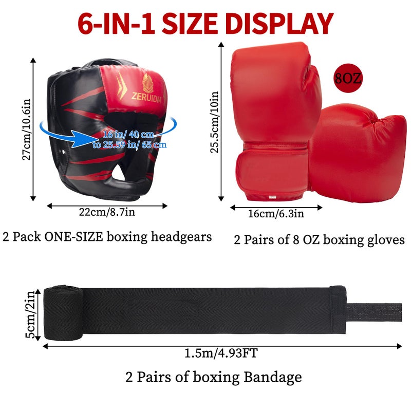 ZERUIDM 6-in-1 Boxing Headgear and Gloves Set, Training Sparring Safety Head Guard for MMA, Kickboxing, Muay Thai Trainees, Kids Teen Adults - Image 2