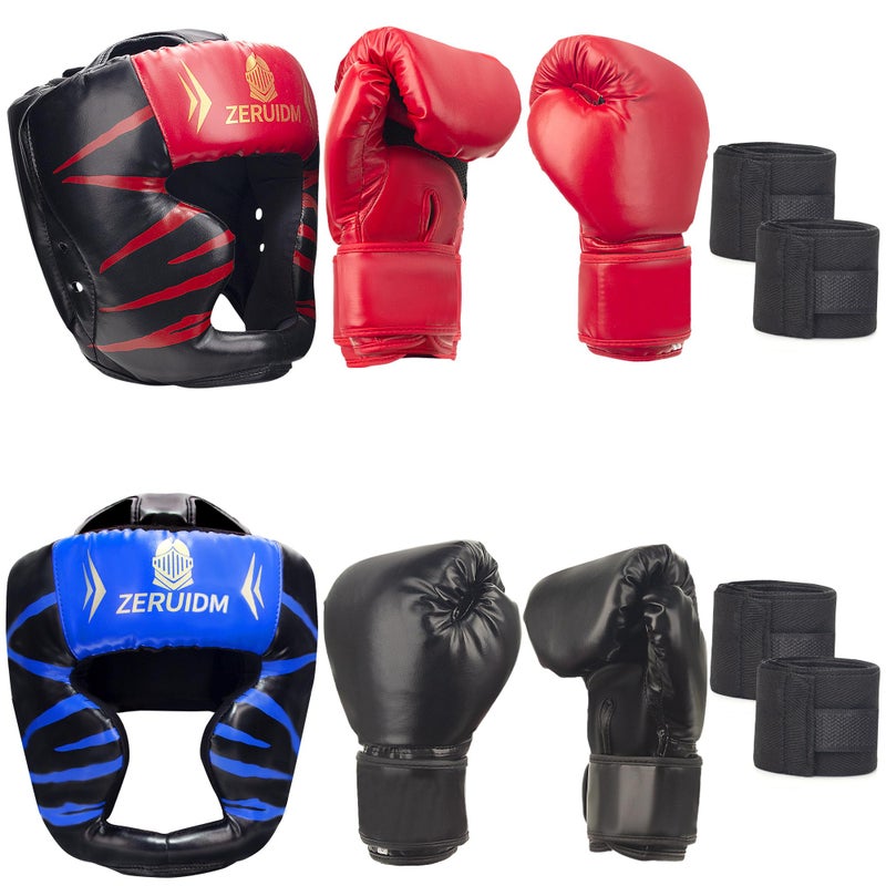ZERUIDM 6-in-1 Boxing Headgear and Gloves Set, Training Sparring Safety Head Guard for MMA, Kickboxing, Muay Thai Trainees, Kids Teen Adults - Image 1