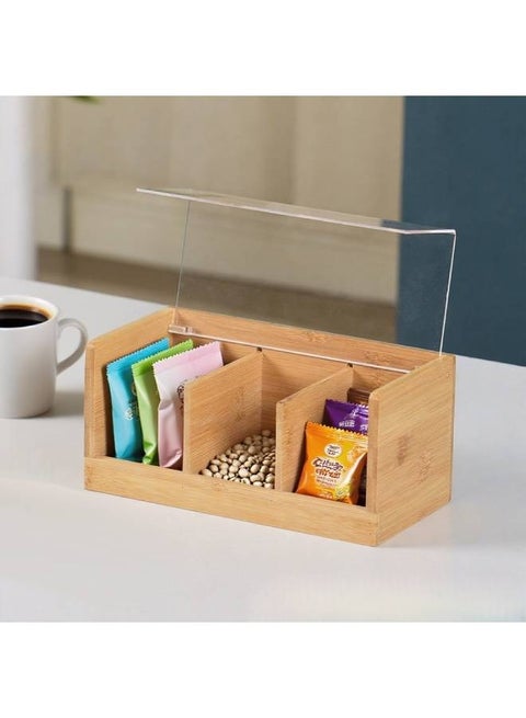 Bamboo Tea Bag Organizer with Acrylic Lid, 21.8x10.8x10cm Large Capacity, Dustproof 3-Compartment Eco-Friendly Storage Box for Coffee Pods, Snacks, Home & Office